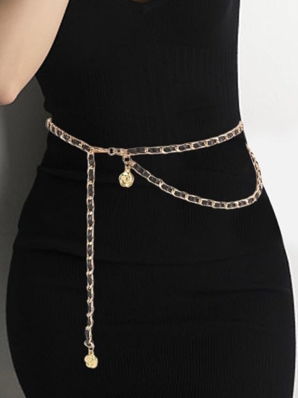 Gold and Leather Chain Link Waist Belt with flowers B06-01